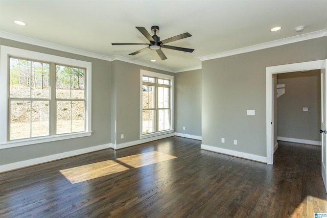 spare room featuring baseboards, ornamental molding, dark wood-type flooring, and a wealth of natural light