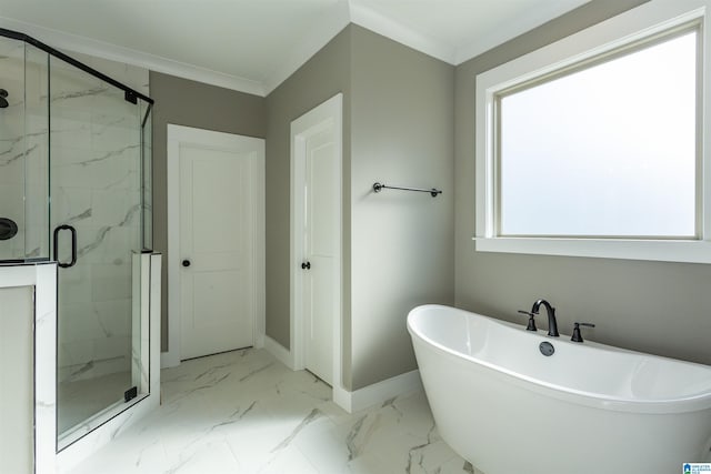 bathroom featuring a marble finish shower, baseboards, a soaking tub, marble finish floor, and crown molding