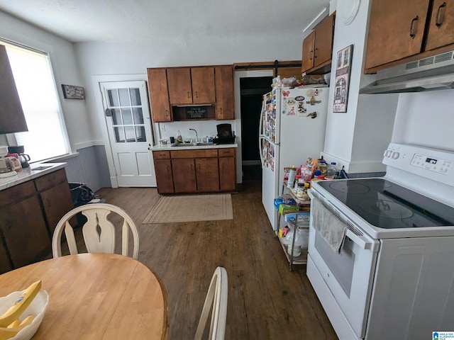 kitchen featuring a barn door, white appliances, sink, and dark wood-type flooring