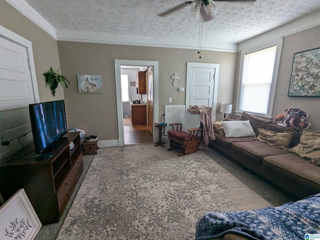 living room with a textured ceiling, ceiling fan, and ornamental molding