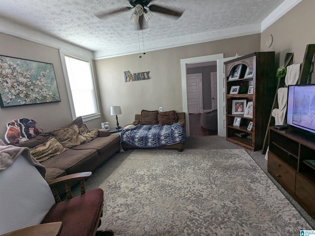 carpeted living room featuring ceiling fan and a textured ceiling