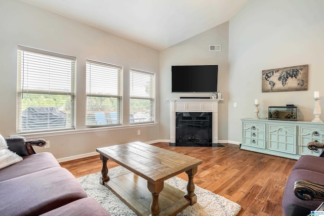 living room with wood-type flooring and high vaulted ceiling