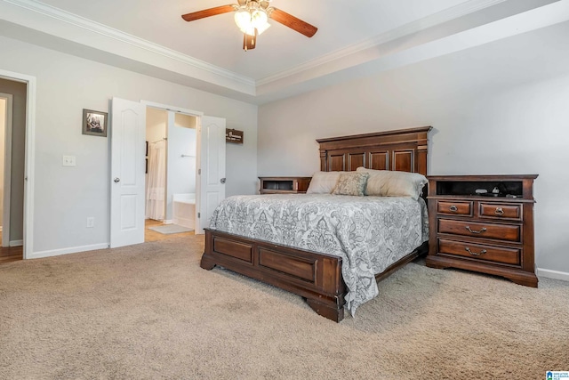 bedroom with light carpet, ensuite bathroom, ceiling fan, and crown molding