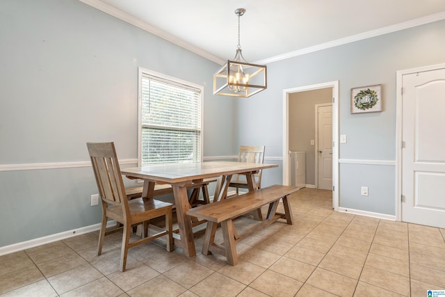 tiled dining space with an inviting chandelier and ornamental molding