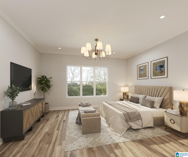 bedroom with hardwood / wood-style flooring, crown molding, and an inviting chandelier