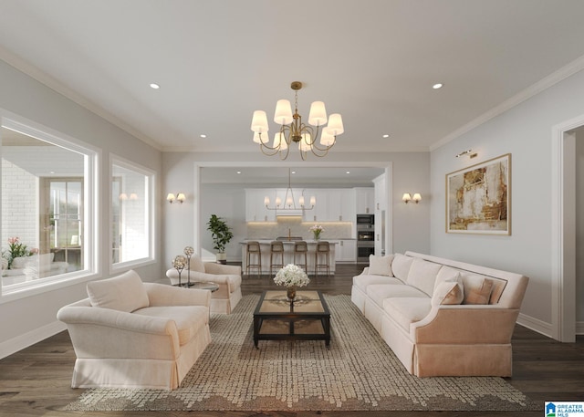 living room with an inviting chandelier, dark hardwood / wood-style floors, and ornamental molding