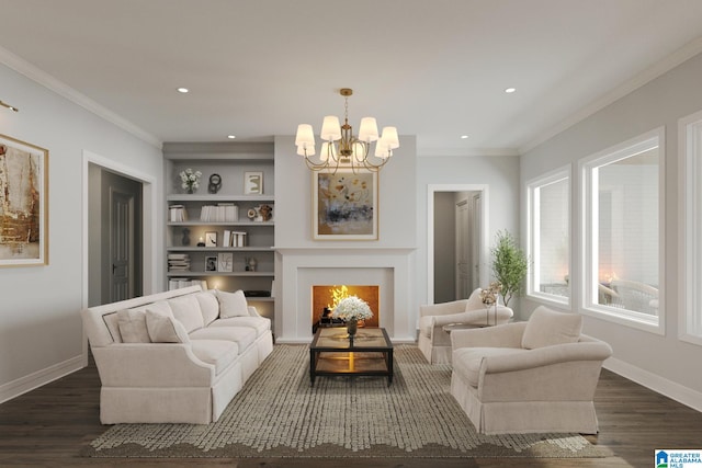 living area featuring dark hardwood / wood-style floors, built in shelves, and crown molding