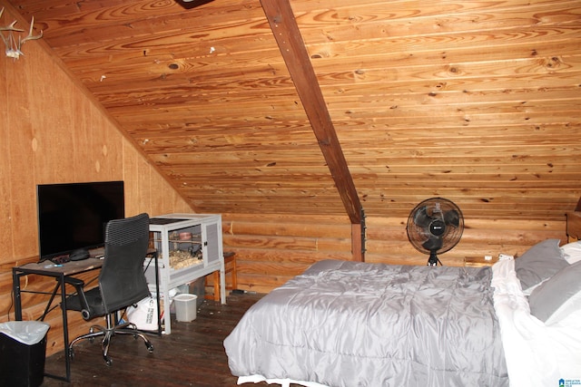 bedroom with hardwood / wood-style flooring, vaulted ceiling, and wooden ceiling