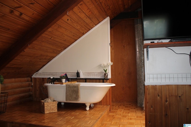 bathroom with wood ceiling, parquet floors, and lofted ceiling