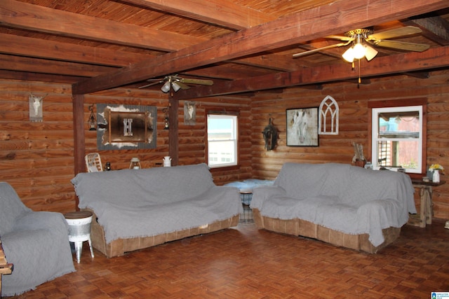 bedroom with rustic walls, parquet flooring, ceiling fan, beamed ceiling, and wooden ceiling