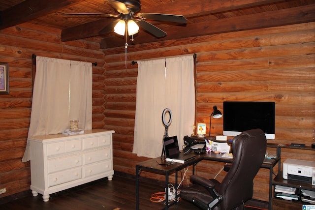 office area featuring wooden ceiling, dark hardwood / wood-style flooring, beam ceiling, and rustic walls