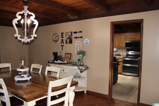 dining room with an inviting chandelier, parquet floors, wooden ceiling, and beam ceiling