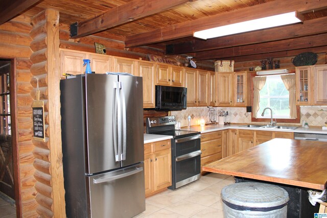 kitchen featuring beam ceiling, rustic walls, backsplash, appliances with stainless steel finishes, and sink