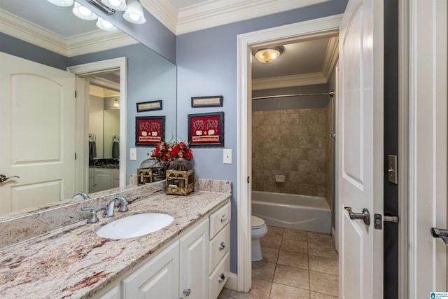 full bathroom with tiled shower / bath combo, ornamental molding, vanity, toilet, and tile patterned floors