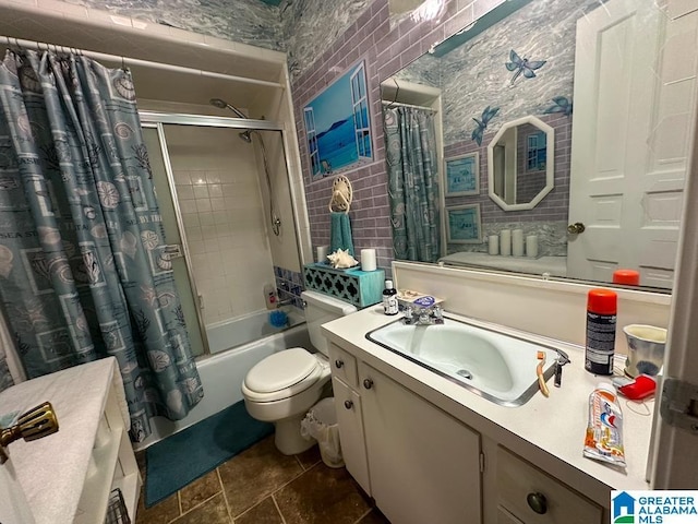 full bathroom with vanity, shower / bathtub combination with curtain, and toilet