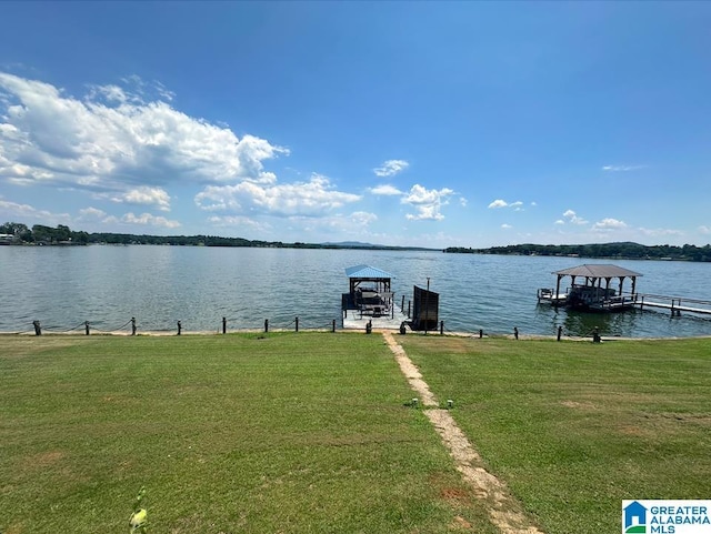 dock area featuring a yard and a water view