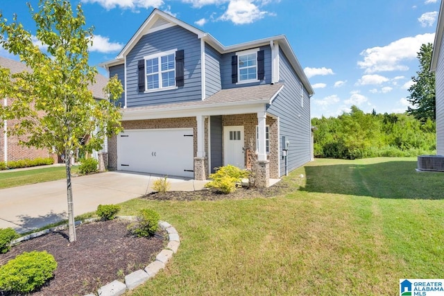 craftsman inspired home featuring a garage, central AC, and a front lawn