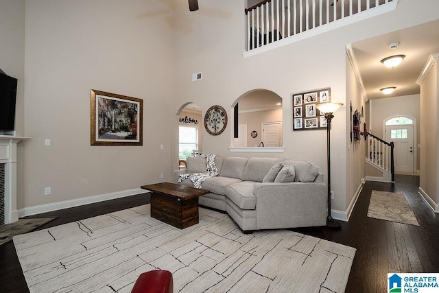 living room featuring a towering ceiling, a fireplace, light hardwood / wood-style floors, and crown molding