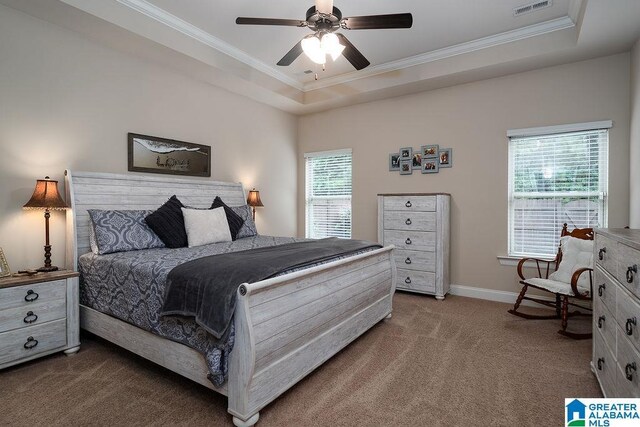 bedroom featuring ceiling fan, multiple windows, carpet floors, and a tray ceiling