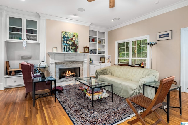 living room with a premium fireplace, wood finished floors, and crown molding