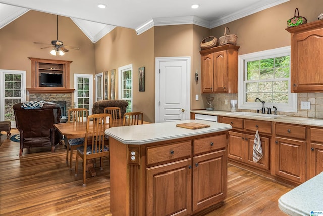 kitchen featuring crown molding, light wood finished floors, light countertops, a sink, and a stone fireplace