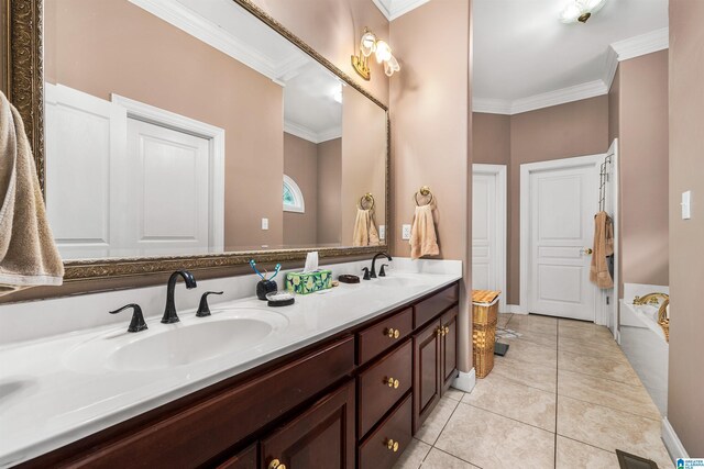 bathroom featuring tile patterned floors, crown molding, and plus walk in shower