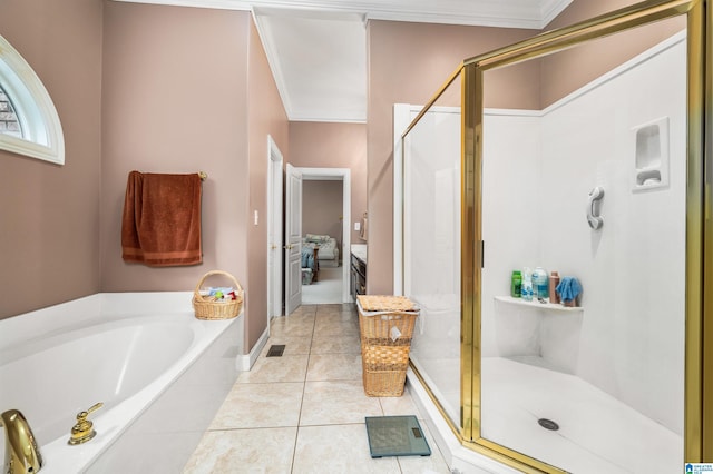 full bathroom with ornamental molding, a stall shower, a garden tub, and tile patterned floors