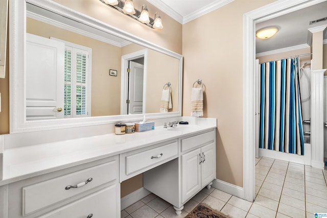 full bath featuring visible vents, baseboards, ornamental molding, tile patterned floors, and vanity