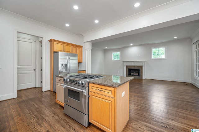 kitchen with stone countertops, high end stainless steel range oven, dark wood-style floors, and a premium fireplace