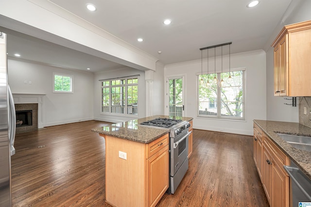 kitchen with baseboards, open floor plan, dark wood-style flooring, and appliances with stainless steel finishes