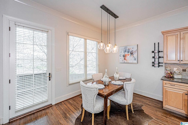 dining room with crown molding, dark wood-style flooring, and a healthy amount of sunlight