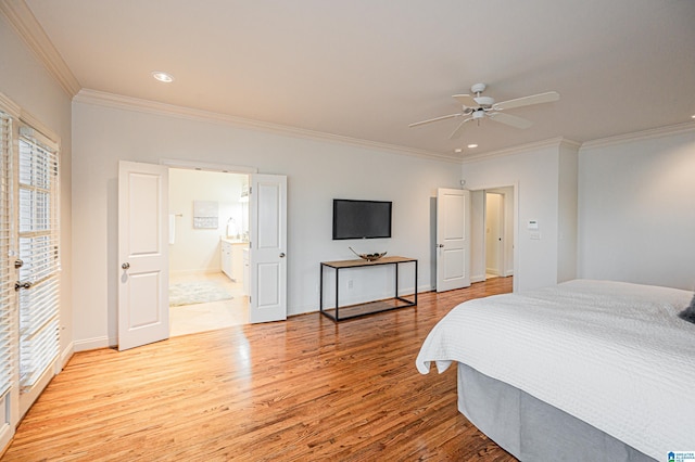 bedroom featuring crown molding, recessed lighting, and light wood-style flooring