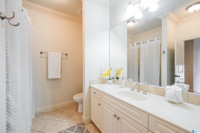 full bathroom with toilet, ornamental molding, tile patterned flooring, and vanity