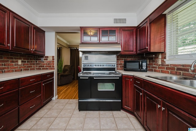 kitchen featuring electric stove, tasteful backsplash, sink, light hardwood / wood-style floors, and ornamental molding