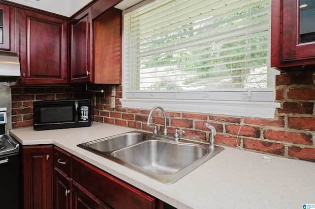 kitchen with sink, range hood, tasteful backsplash, and stove