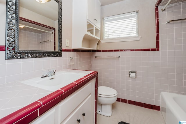 full bathroom featuring vanity, tile walls, tasteful backsplash, and toilet