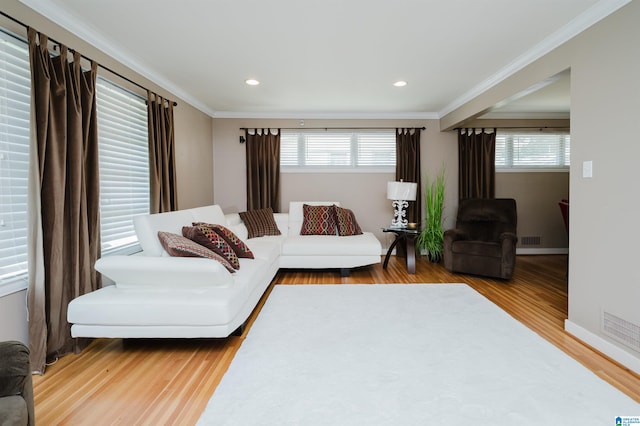 living room with wood-type flooring, crown molding, and plenty of natural light