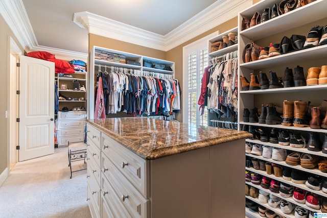 walk in closet with light colored carpet