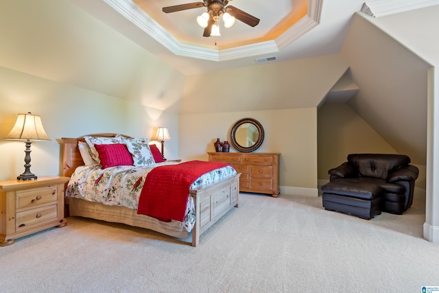 bedroom with carpet, ceiling fan, and crown molding