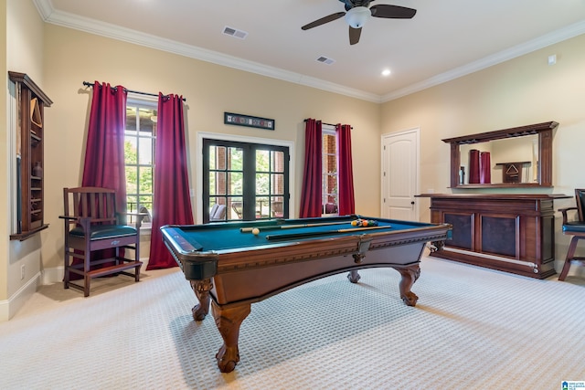 game room with ceiling fan, crown molding, light colored carpet, french doors, and pool table