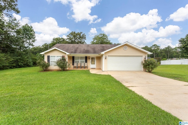 single story home with driveway, fence, a garage, a front lawn, and a porch