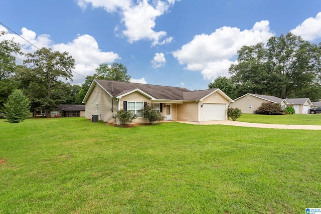single story home featuring concrete driveway, a front lawn, and an attached garage