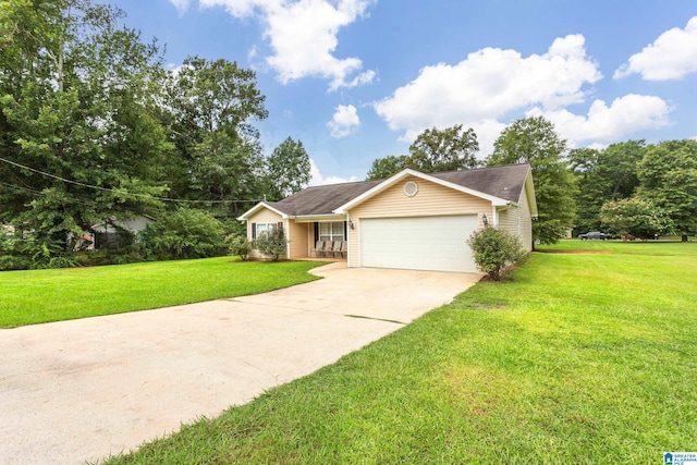 single story home featuring a front yard, concrete driveway, and a garage