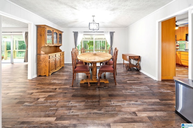 dining space with ornamental molding, dark hardwood / wood-style floors, and a textured ceiling