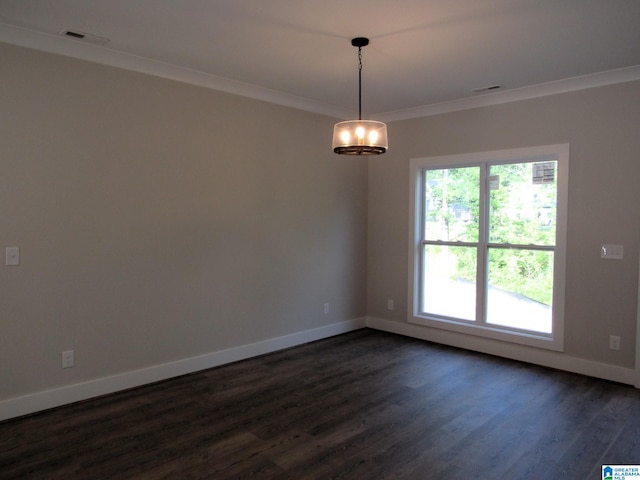 spare room featuring a wealth of natural light, dark wood-type flooring, and ornamental molding