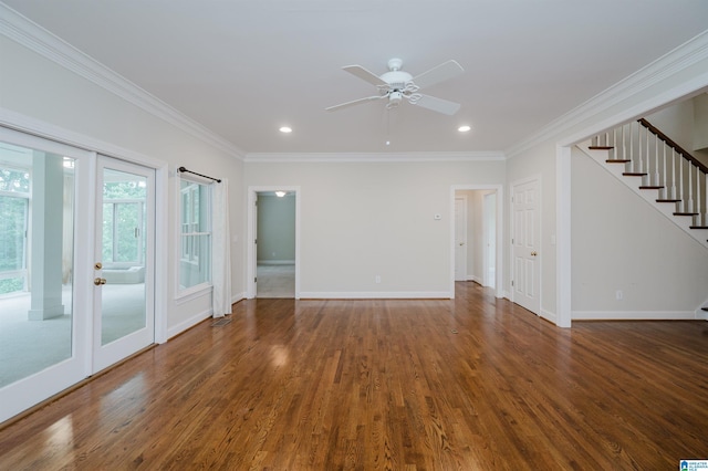 unfurnished living room with ceiling fan, dark hardwood / wood-style floors, and crown molding