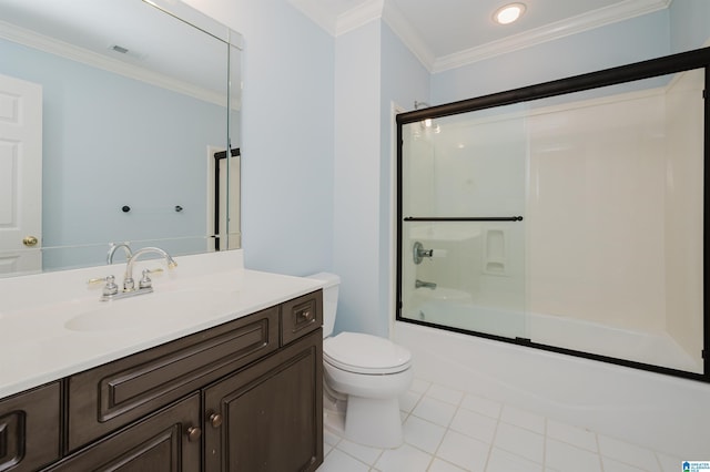 full bathroom with tile patterned floors, vanity, toilet, combined bath / shower with glass door, and crown molding