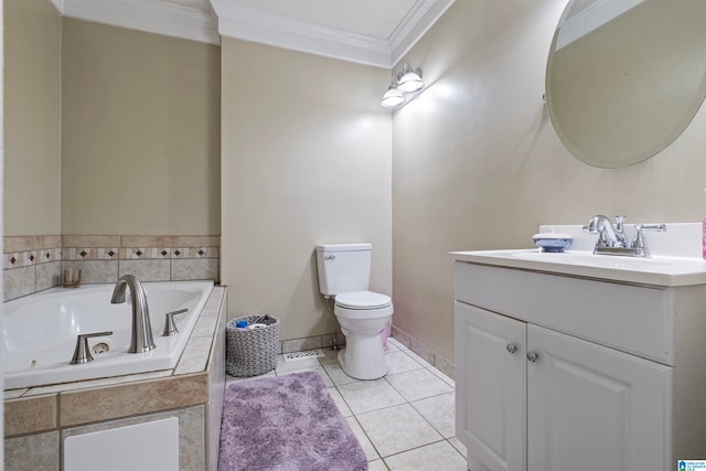 bathroom featuring tile patterned flooring, toilet, vanity, tiled tub, and ornamental molding