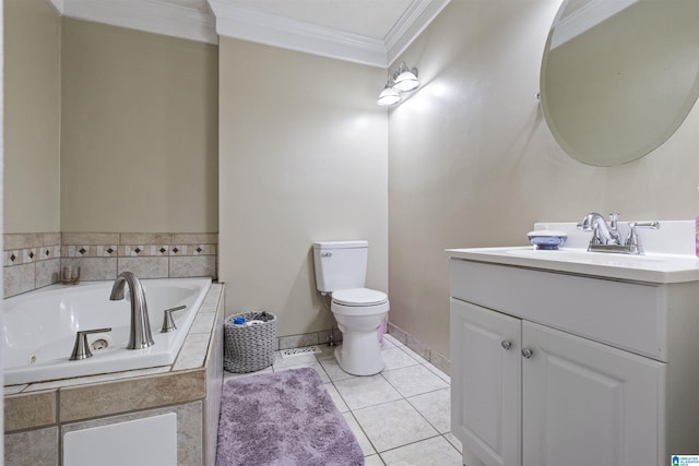 bathroom with ornamental molding, vanity, toilet, tiled tub, and tile patterned floors