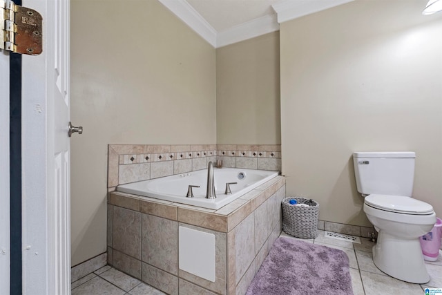 bathroom with a relaxing tiled tub, tile patterned flooring, toilet, and ornamental molding